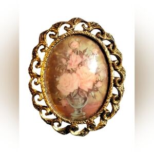 Vintage Porcelain Hand Painted Brooch Floral Gold Artist Signed Coquette Pin